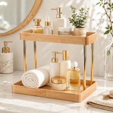 Vera Concept Store 2 Katlı Bambu Organizer Standı, Altın Renk Tezgâh Üstü Düzenleyici Raf