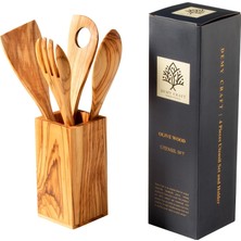 Vera Concept Store Zeytin Ağacı El Yapımı 5 Parça Mutfak Seti, Ahşap Kutu, Kaşık, Çatal, Spatula, Delikli Spatula, 30 cm