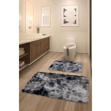 Vera Concept Store Bubble Tavşan Tüyü, Kaymaz Taban, Pofuduk, Ultra Lüks, Yıkanabilir 2'li Banyo Paspası (Eskitme Gri)
