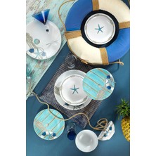 Vera Concept Store Denizcilik 24 Parça Porselen Yemek Takımı Seti, Türkiye'de Üretildi, 6 Kişilik Servis, Balık Temalı Deniz Tabakları ve Kaseleri Beyaz