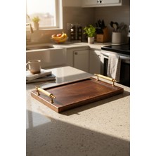 Vera Concept Store Golix - Gold Metal Kulplu Ahşap Tepsi Sunum Tepsisi Çay Kahve Servis Tepsisi Altın 30 x 20