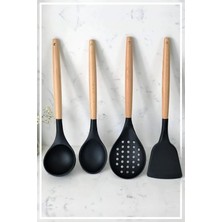 Vera Concept Store Silikon Bambu Saplı 4 Parça Mutfak Servis Seti Siyah (Kepçe-Kaşık-Kevgir-Spatula)