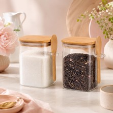Vera Concept Store 2'li 500 ml Kaşıklı Cam Kavanoz Seti, Bambu Kapaklı Şeffaf Baharatlık ve Saklama Kabı, Kahve Çay Şeker Tuz ve Kuru Gıda Için