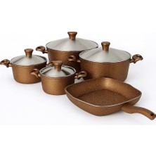 Vera Concept Store Armağan Kahverengi Granit Tencere ve Grill Tava Seti - 9 Parça - Xxl - Kalın Malzeme - Uzun Ömürlü