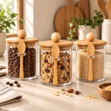 Vera Concept Store 3'lü 650 ml Kaşıklı Cam Kavanoz Seti Bambu Kapaklı Saklama Kabı