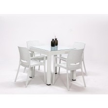 Vera Concept Store Rattan Small Lüx Camlı Beyaz Masa Takımı Bahçe&balkon 1 Camlı Masa + 4 Sandalye