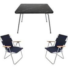 Vera Concept Store 60X80 Granit Katlanır Masa + 2 Adet Katlanır Sandalye Kamp Seti Bahçe Balkon Takımı Lacivert