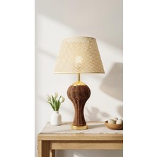 Vera Concept Store Kahverengi Örme Hasır ve Gold Detay Ayaklı Hazeran ve Kumaş Şapkalı Modern Abajur Modelleri