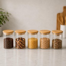 Vera Concept Store 5'li 250 ml Bambu Kapaklı Cam Kavanoz Seti, Silikon Contalı Şeffaf Baharatlık ve Saklama Kabı, Çay Kahve Şeker Baharat Kuruyemiş Kavanozu