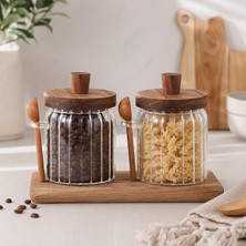 Vera Concept Store 2'li 450 ml Borosilikat Cam Kavanoz Seti, Ahşap Kapaklı Kaşıklı Küçük Boy Mutfak Saklama Kabı, Kahve, Şeker, Baharat, Kuruyemiş ve Bakliyat Için Şık C