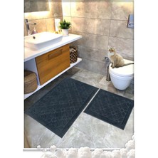 Vera Concept Store %100 Pamuk Dokuma Su Emici Banyo Paspas Seti, Banyo Halısı Çiçek 2 Li Set 60X100-60X50 (Antrasit)