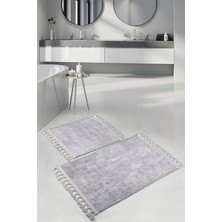 Vera Concept Store Nova Gri 60X100 + 50X60 cm 2'li Köşeli Ponpon Saçaklı Banyo Halısı Seti, Kaymaz Yıkanabilir