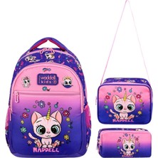 Vera Concept Store Lisanslı Mor-Pembe Kedi Desenli Ilkokul Çantası, Beslenme Çantası ve Kalemlik Seti