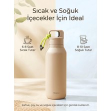 Vera Concept Store Çelik Termos 560 ml Paslanmaz Çelik Çift Duvarlı Sızdırmaz Kapaklı Askılı Taşınabilir Sıcak Soğuk Termos - Bej