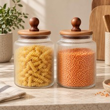 Vera Concept Store 2'li 1200 ml Akasya Kapaklı Çizgili Cam Kavanoz Saklama Seti