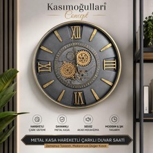 Vera Concept Store Kasımoğulları Concept Metal Kasalı Hareketli Çarklı Duvar Saati 60 cm | Sessiz Mekanizma, Roma Rakamlı, Siyah & Gold Renk, Modern Tasarım, Dişli Çark