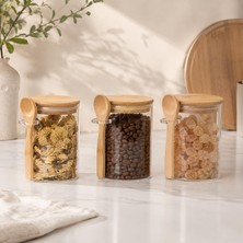 Vera Concept Store 400 ml Kaşıklı Cam Kavanoz 3'lü Set, Bambu Kapaklı Şeffaf Cam Saklama Kabı, Çay Kahve Baharat Şeker Kuruyemiş Kavanozu, Mutfak Düzenleyici Kaşıklı Cam