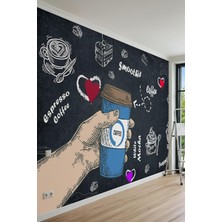 Vera Concept Store Kara Tahta Fonu Üzerinde Kahve Bardağı ve Tipografik Motifli Tek Parça Tekstil Duvar Kağıdı, 500 x 280