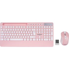 Vera Concept Store Everest KM-9676 Multimedya Tablet-Telefon Standlı Bileklik Ağrı Engelleyicili Uzun Menzilli Kablosuz Klavye Mouse Set (Pembe)