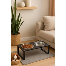 Vera Concept Store Ok-Ay Store Morvenn Yüzde 10 Eğimli Xl Kedi Köpek Mama ve Su Standı Paslanmaz Çelik Kaplı, Ahşap Metal Yükseltilmiş Mama Kabı Siyah
