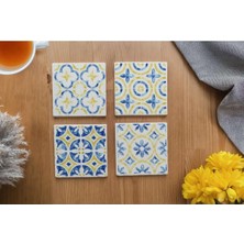 Vera Concept Store Retro Çini Desenli Dekoratif Bardak Altlığı 4'lü Set Doğal TAŞ(10X10CM)