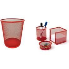 Vera Concept Store Metal Perforeli 3'lü Masaüstü Organizer Seti, Kalemlik-Kağıtlık-Çöp Sepeti, Kırmızı