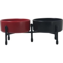 Vera Concept Store Metal Ayaklı Çift Taraflı Seramikten Evcil Hayvanlarınız Için Mama ve Su Kapları (Kirmizi-Siyah)