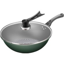 Vera Concept Store Döküm Alüminyum Wok Tavaları, 34 cm Yapışmaz Karıştırılmış Kızartma Wok, Cam Kapaklı, Kaplamalı Düz Tabanlı Tencere Çin Wok, Indüksiyon, Gaz, Halojen