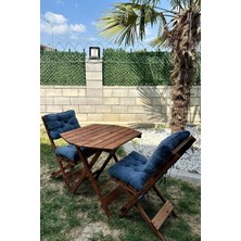 Vera Concept Store Premium Katlanır Ahşap Bistro Seti, 3'lü, Masif Ahşap, Minderli, Balkon ve Bahçe Için, Ceviz/lacivert, Masa ve Sandalye