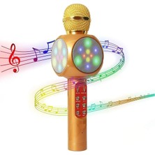Vera Concept Store LED Işıkli Şarjlı Kablosuz Karaoke Mikrofon Bluetooth Hoparlör Ses Değiştirme Sd Kart USB Girişli Gold WS-1816