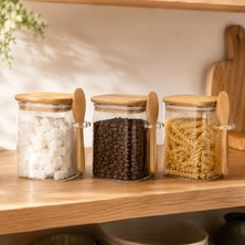Vera Concept Store 3'lü 500 ml Kaşıklı Cam Kavanoz Seti, Bambu Kapaklı Şeffaf Baharatlık ve Saklama Kabı, Kahve Çay Şeker Tuz ve Kuru Gıda Için