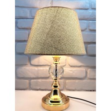 Vera Concept Store Gold Kaplama Büyük Kristal Taşlı Metal Ayak Keten Kahverengi Kumaş Şapkalı Abajur Aydınlatma