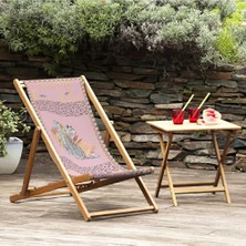 Vera Concept Store Pembe Leopar Tasarımlı Katlanır Şezlong (Ahşap Fırınlanmış Gürgen Ağacı, Süet Kumaş)