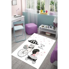 Vera Concept Store Pelangi Kedi ve Küçük Kız Dijital Baskı Yıkanabilir Kaymaz Taban Leke Tutmaz Kedili Çocuk Odası Halısı, Beyaz-Siyah 80 x 400
