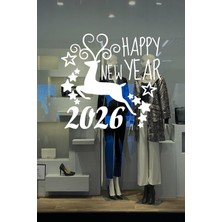 Vera Concept Store 2026 Yılbaşı Vitrin Sticker, Geyik ve Happy New Year Temalı, Kendinden Yapışkanlı Folyo Cam Süslemesi, Yıldızlı Dekoratif Duvar Çıkartması (50 Cm)