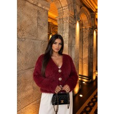 Elora Atelier BORDO SAKALLI GOLD DÜĞMELİ V YAKA TRİKO
