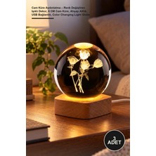 Yenilig 3 Adet Cam Küre Aydınlatma – Renk Değiştiren Işıklı Dekor, 6 cm Cam Küre, Ahşap Altlık, USB Bağlantılı, Color Changing Light Globe