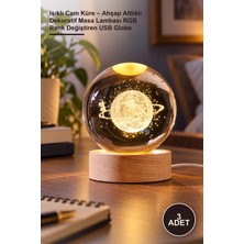 Yenilig 3 Adet Işıklı Cam Küre – Ahşap Altlıklı Dekoratif Masa Lambası Rgb Renk Değiştiren USB Globe