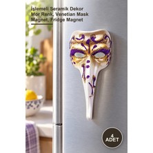 Yenilig 4 Adet Venedik Uzun Maske Magnet – Işlemeli Seramik Dekor Mor Renk, Venetian Mask Magnet, Fridge Magnet