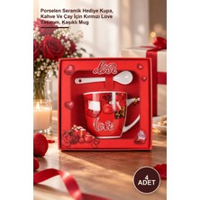Yenilig 4 Adet Sevgililer Günü Özel Kupa Seti – Porselen Seramik Hediye Kupa, Kahve ve Çay Için Kırmızı Love Tasarım, Kaşıklı Mug
