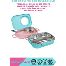 Str Store Bento 1100ML Lunchbox Tek Katlı 3 Bölmeli Kaseli Çelik Sefer Tası Yemek Kutusu (Turkuaz-Pembe)
