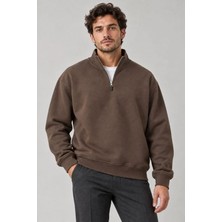 Serac Collection Erkek Üç Iplik Içi Şardonlu Dik Yaka Yarım Fermuarlı Kışlık Sweatshirt - Kahverengi