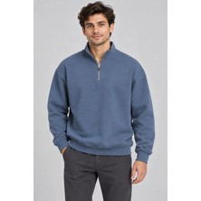 Pusula Sepeti Erkek Üç Iplik Içi Şardonlu Dik Yaka Yarım Fermuarlı Kışlık Sweatshirt - Mavi
