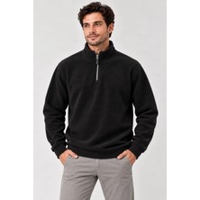Yaman Market Erkek Polar Dik Yaka Yarım Fermuarlı Uzun Kollu Regular Fit Kışlık Sweatshirt - Siyah