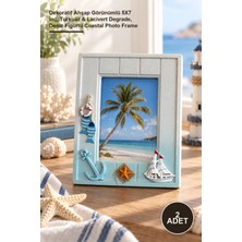 Yenilig 2 Adet Marin Temalı Fotoğraf Çerçevesi – Dekoratif Ahşap Görünümlü 5x7 Inç, Turkuaz & Lacivert Degrade, Deniz Figürlü Coastal Photo Frame
