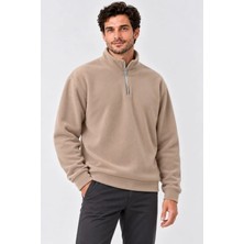 Pusula Sepeti Erkek Polar Dik Yaka Yarım Fermuarlı Uzun Kollu Regular Fit Kışlık Sweatshirt - Bej