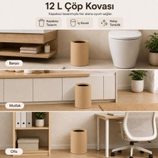 Str Store 12 Litre Ofis Tipi Çöp Kovası, Kapaksız Silindir Çöp Kutusu, Iç Kovalı Kolay Temizlenebilir Banyo Mutfak Ofis Çöp Kovası (Latte)