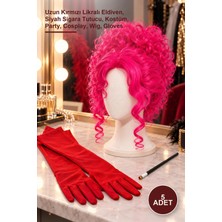 Yenilig 5 Adet Neon Pembe Bukleli Topuz Peruk – Uzun Kırmızı Likralı Eldiven, Siyah Sigara Tutucu, Kostüm, Party, Cosplay, Wig, Gloves