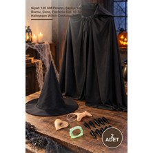 Yenilig 2 Adet Cadı Kostüm Seti – Siyah 120 cm Pelerin, Şapka, Cadı Burnu, Çene, Fosforlu Diş, 10 Tırnak, Halloween Witch Costume Party