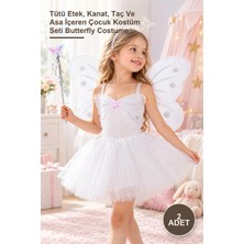 Yenilig 2 Adet Beyaz Kelebek Kostümü – Tütü Etek, Kanat, Taç ve Asa Içeren Çocuk Kostüm Seti Butterfly Costume